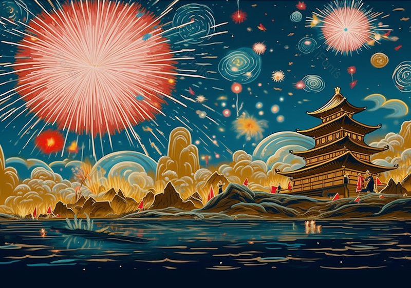 湖畔阁楼烟花欢庆节日中国风国潮古典中国传统文化背景插画,插画/手绘图,插画/手绘图库,插画/手绘图下载,插画/手绘